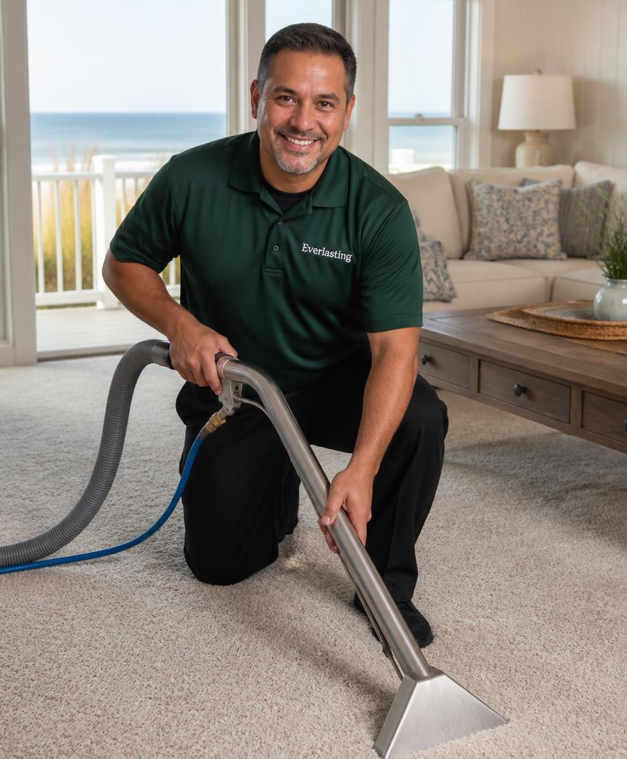 Ever, owner of Everlasting Carpet Cleaning, cleaning a carpet in a coastal living room