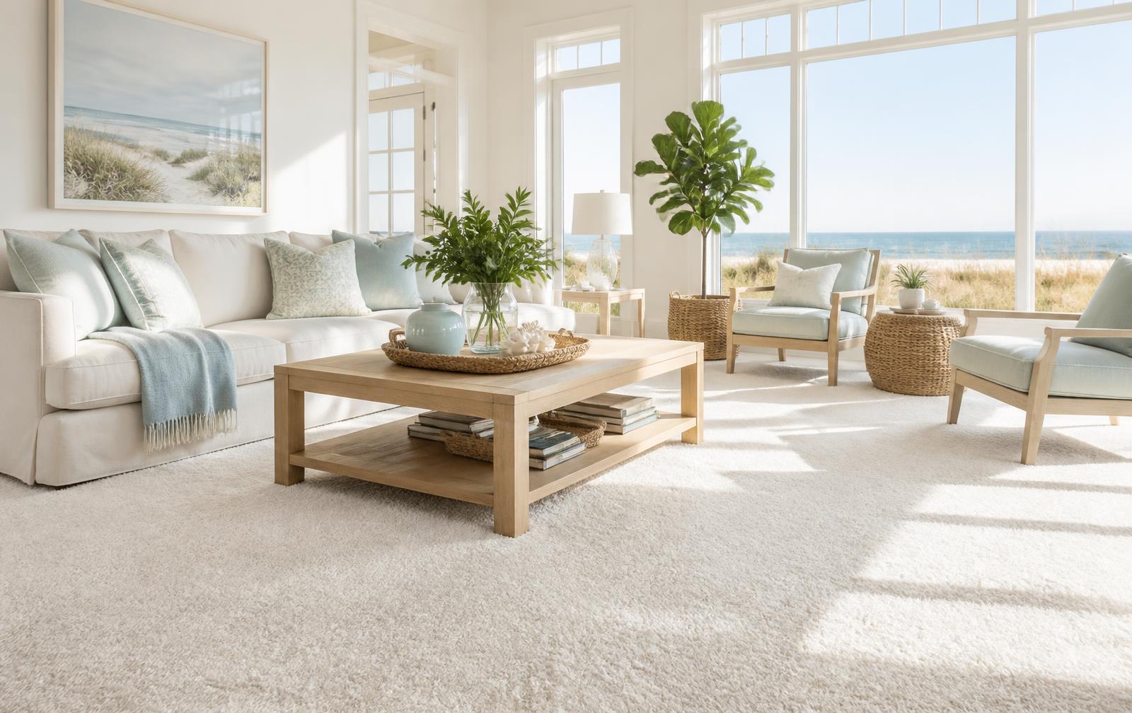 Freshly cleaned plush cream carpet in a bright coastal Delaware living room